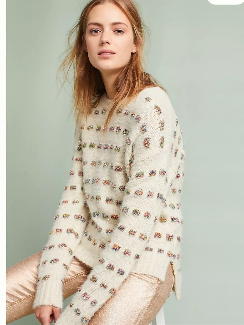 Anthropologie Moth Metallic Check Pullover Festive Sweater Small